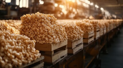 Vibrant Display of Freshly Prepared Popcorn in Wooden Crates Under Glowing Factory Lights, Highlighting Production Process and Quality