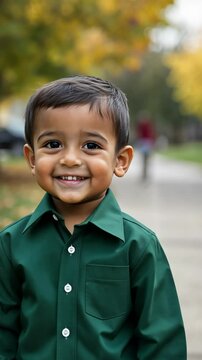 Young boy smiles joyfully while standing on a colorful outdoor path in autumn near a park