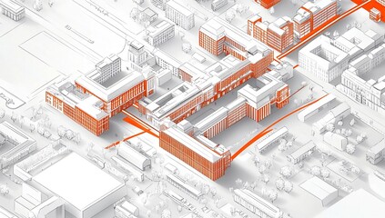 Modern Architectural Design: Innovative Building Complex Plan with Efficient Pathways and Lush Greenery