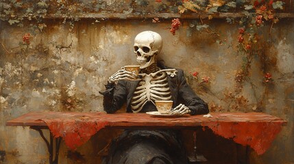 Skeleton enjoying tea in a rustic garden setting.