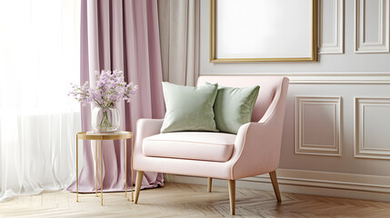 A bright pastel-themed room with a stylish pink chair and framed decor with copy space, 3d rendering