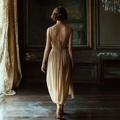 Woman in a vintage dress walking into a 1920s ballroom, back view, timeless elegance and nostalgia