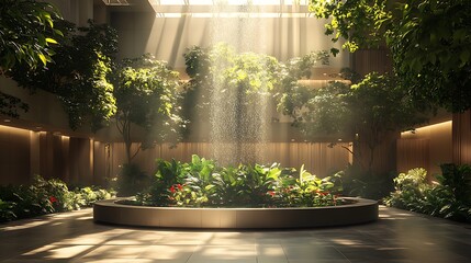 A stylish modern atrium with a large central fountain, vibrant indoor trees, hanging planters, and diffused sunlight creating a serene and lush environment, contemporary design,