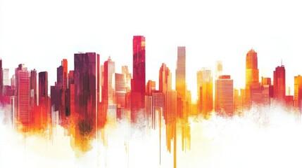 Fototapeta premium Abstract City Skyline with Vibrant Colors at Sunset, Artistic Digital Illustration Representing Urban Life Dynamics and Modern Architecture Elements in a Unique Style