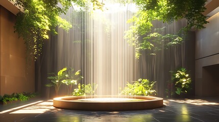A stylish modern atrium with a large central fountain, vibrant indoor trees, hanging planters, and diffused sunlight creating a serene and lush environment, contemporary design,