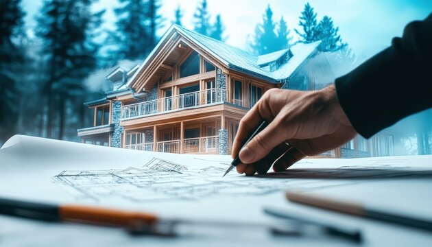 Architect Designing a Wooden House in a Snowy Forest