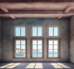 Fototapeta premium wall An empty vintage interior with a traditional italian, french seaside aesthetic.three medium windows placed side by side, offering a stunning and picturesque view, a vibrant scene of a pier