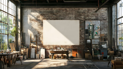Obraz premium Art studio with blank canvas and natural light with copy space, 3d rendering