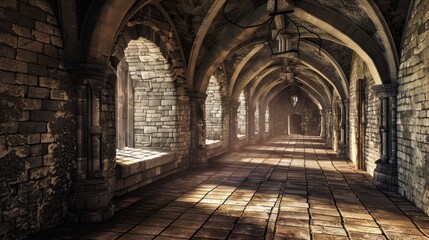 Fototapeta premium Fantasy medieval gallery in the castle.