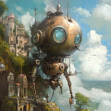 Steampunk Robot in a Fantasy Cityscape