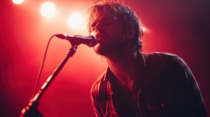 A musician performing under stage lights, their face intense with emotion