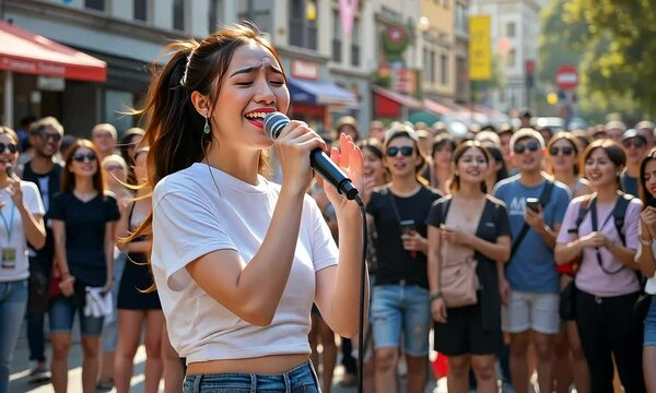 Talented Female Street Performer Singing to an Appreciative Crowd on a Sunny Day