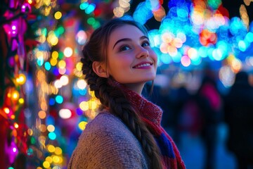 Slim young woman with a braid, half-body shot, enjoying a holiday fair, colorful lights and decorations around, close-up on her happy expression, festive and lively scene, photographic style