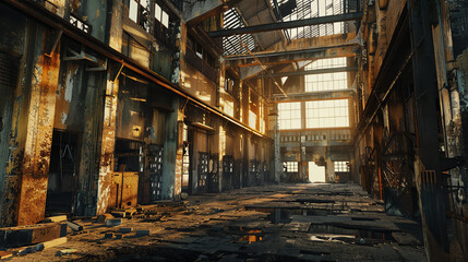 Naklejka premium Explore the depths of an abandoned industrial complex from a birds eye view perspective, utilizing a mix of pixel art and glitch art to create a surreal urban landscape with unexpected camera angles