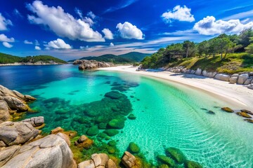 360&deg; Panoramic View: Pristine Ons Island Beach, Galicia, Spain - Crystal Clear Water, White Sand