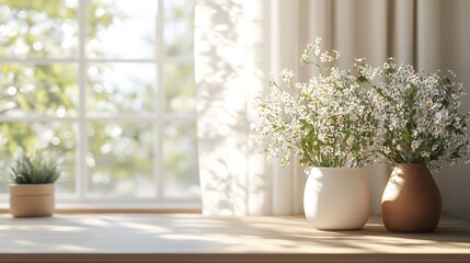 An elegant and modern minimalist workspace, featuring clean lines, a white desk, simple floral arrangements in earthy-toned vases, sunlight softly spilling across the room,