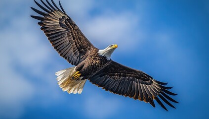 Fototapeta premium Majestic Bald Eagle Soaring Gracefully Through the Sky, Wings Spread Wide in Breathtaking Flight