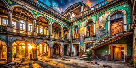 Naklejka premium Abandoned Urban Beauty: Decaying Architecture's Intricate Details