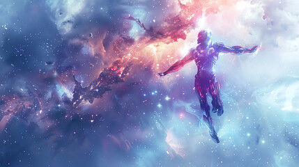 Obraz premium Illustrate an ethereal watercolor masterpiece capturing the fusion of robotic exoskeletons with ballet expertise, set against a backdrop of swirling nebulae and digital constellations