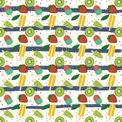 Seamless pattern abstract ice-pop and fruits on striped background tropical style for surfaces 