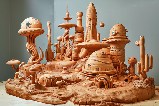 Illustrate an otherworldly realm where alien civilizations blend culinary mastery with bizarre ingredients in a 3D rendered clay sculpture Explore unexpected camera angles for a truly immersive experi