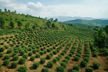 Lush Green Fields of a Tea Plantation Surrounded by Rolling Hills and Scenic Mountains Under a Clear Blue Sky in a Picturesque Landscape