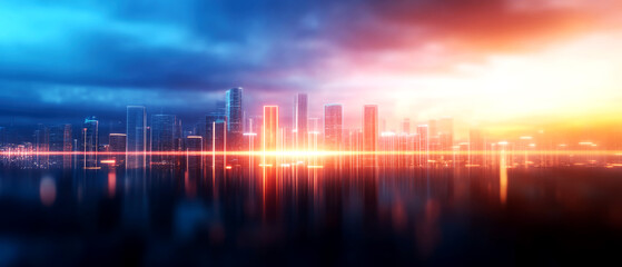 Naklejka premium Stunning urban sunrise over city skyline modern metropolis digital art serene environment wide angle view inspiration and growth
