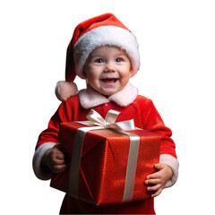 cute little boy in senta's dress holding red gift box with cute smile on white  background