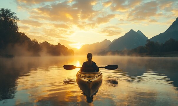 Solo kayaker paddling on calm lake at sunrise, mountains in background.