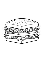 coloring page, simple black lineart illustration of a sandwich on white background. coloring page ready for print