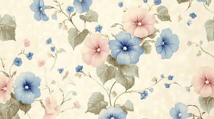 A seamless vintage 1950s wallpaper pattern featuring morning glories climbing elegantly around polka dot hearts, soft pastel tones, intricate details, a retro fabric texture, symmetrical arrangement,