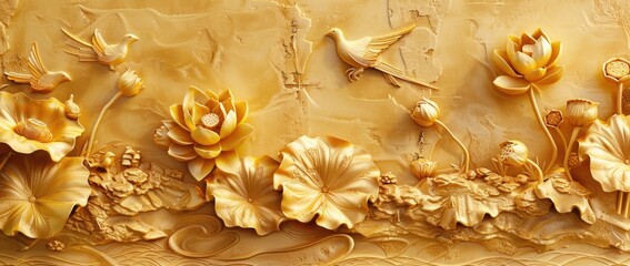 3d abstract background wall relief golden color lotus flowers