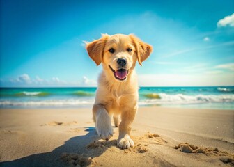 Adorable Beach Pup: Cute Dog Playing in Sand, Ocean Background, Copy Space