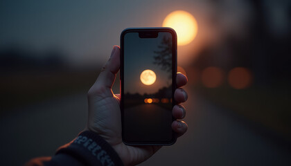 Fototapeta premium Night Photography of Moon Through Mobile Phone Camera