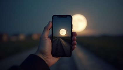 Smartphone Camera Capturing Glowing Moon in Evening Sky
