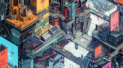 Obraz premium Transform the concept of financial graphs into a surreal utopian world seen from a birds-eye view, intertwined with bold street art elements Utilize pixel art to convey a futuristic twist, exploring u