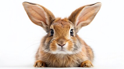 Obraz premium Adorable Fluffy Lop-Eared Rabbit with Curious Expression - White Background Stock Photo