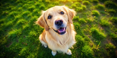 Adorable Golden Retriever Dog Begging for Treat, Aerial View