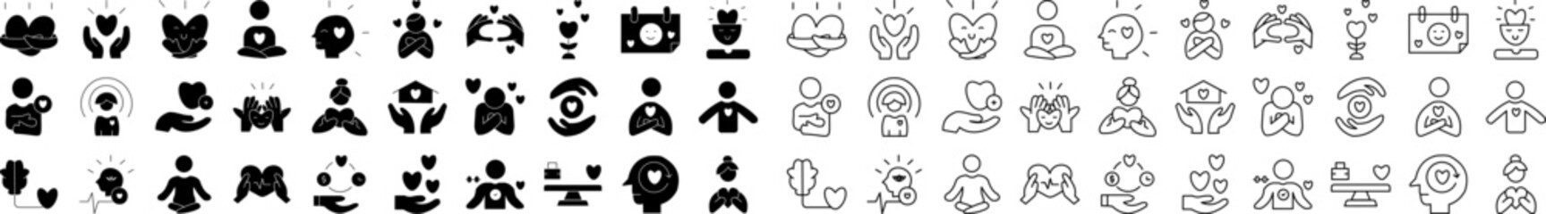 A delicate self-care icon set featuring designs of wellness, skincare, meditation, and relaxation symbols. Perfect for promoting health, mindfulness, beauty, and holistic lifestyle themes.