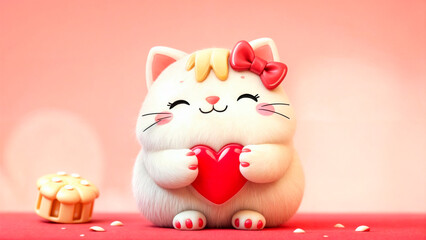 A cute smiling cat gives a red heart and smiles on Valentine's Day, the day of love
