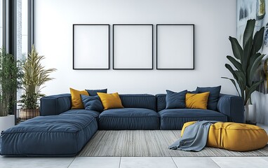 Fototapeta premium Modern living room interior design, sectional sofa, city view,plants