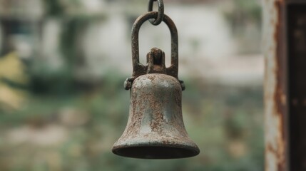 Obraz premium Close-up of a rusty, antique bell hanging outdoors.