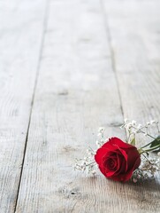 A single red rose resting on a rustic wooden surface with a tied ribbon and delicate white filler flowers, emphasizing simplicity and love