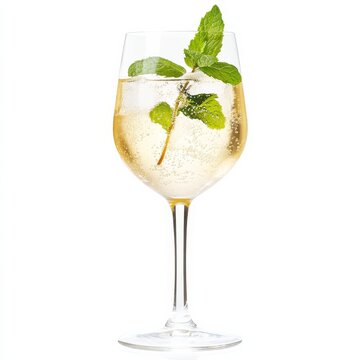 A chilled white wine spritzer with a sprig of mint, light and refreshing, isolated white background