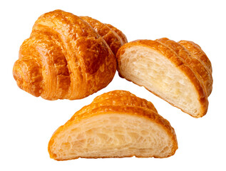 Top view set of single brown or golden croissant with two halves in stack isolated with clipping path in png file format
