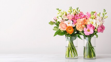 Fototapeta premium A modern bouquet featuring exotic flowers like orchids and lilies, placed on a minimalistic marble counter with soft natural light
