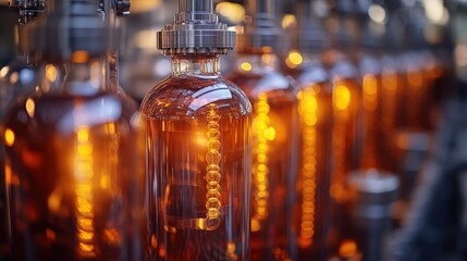 Close-Up of Amber Liquid in Bottles on Factory Production Line, Highlighting Industrial Manufacturing Process and Modern Techniques in Beverage Industry