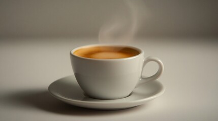 Fototapeta premium Steaming espresso in a white cup and saucer on a white surface.