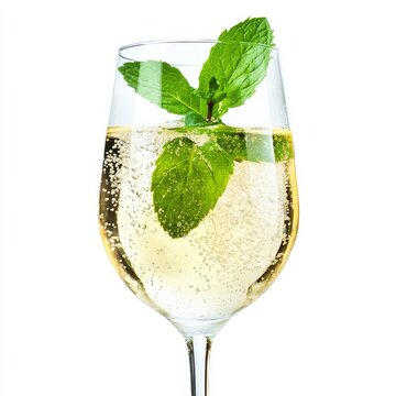 A chilled white wine spritzer with a sprig of mint, light and refreshing, isolated white background
