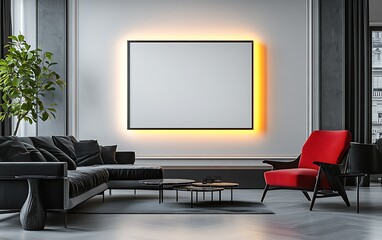 Modern living room interior design, illuminated artwork, city view